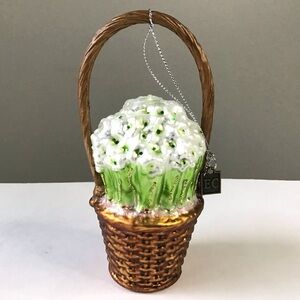 Raz Eric Cortina Blown Glass Ornament White Flowers in Basket Artist Designed